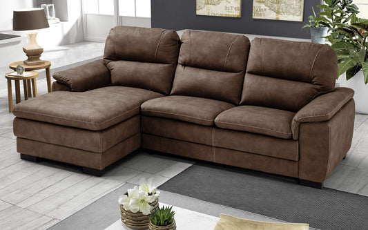 Dafne Italian Design Divano angolare 3 posti con penisola a Sinistra. Similpelle Effetto Nabuk Brown (cm. 275 x 158 x 94h)