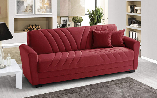 Divano 3 posti in tessuto lavabile rosso - 220 x 88 x 83h cm., vano contenitore, trasformabile in letto una piazza e mezza
