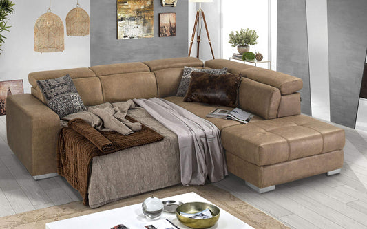 Dafne Italian Design Divano Letto angolare 3 posti con penisola a Destra. Tessuto Tay Tay Camel (cm. 266 x 230 x 94h)