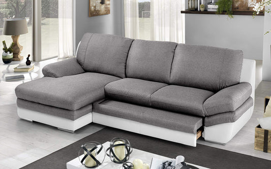 Dafne Italian Design Divano Letto angolare 2 posti con penisola a Sinistra. Similpelle Bianco, Tessuto Grigio (cm. 271 x 166 x 91h)