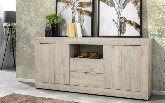 Dafne Italian Design Mobile da soggiorno moderno Urby colore rovere chiaro: madia due ante cm. 184x42x86; una vetrina a due ante cm. 110x42x189