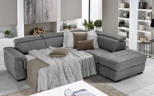 Dafne Italian Design Divano Letto angolare 3 posti con penisola a Destra. Similpelle Effetto Nabuk Cenere (cm. 282 x 242 x 96h)