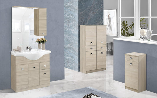 Mobile da bagno Missy finitura olmo perla composto da: componibile bagno cm. 85x50x190 (base, lavabo, specchio, pensile) - colonna 2 ante cm. 69x34x150 - mobile con anta e cassetto cm. 34x34x80