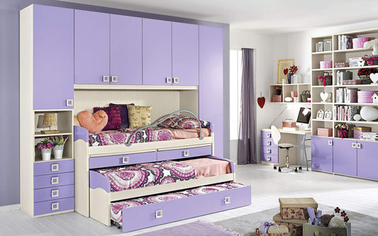 Dafne Italian Design Cameretta Completa a Ponte - Effetto Betulla, Malva (Triplo Letto Singolo e Armadio) (cm. 300 x 96 x 259h)