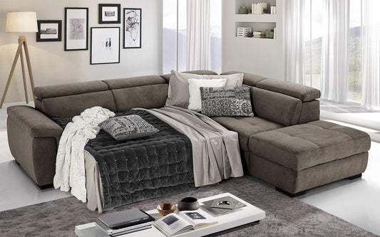 Dafne Italian Design Divano Letto angolare 3 posti con penisola a Destra. Tessuto Romeo Marrone Chiaro (cm. 282 x 242 x 96h)