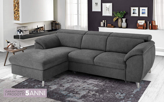 Dafnedesign.com - Divano letto matrimoniale angolare 3 posti letto con penisola a sinistra - colore: fumo - materiale: tessuto - cm. 269 x 175 x 94h