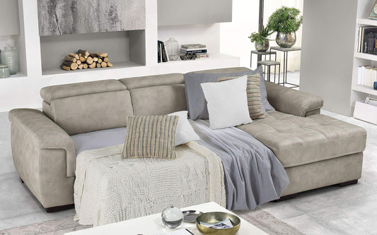 Dafne Italian Design Divano Letto angolare 3 posti con penisola a Destra. Similpelle Effetto Nabuk Light Grey (cm. 287 x 176 x 96h)