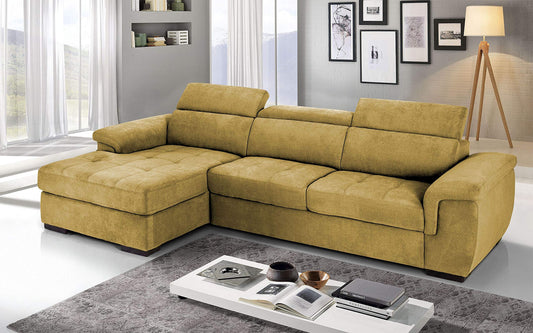 Dafne Italian Design Divano Letto angolare 3 posti con penisola a Sinistra. Tessuto Romeo Senape (cm. 287 x 176 x 96h)