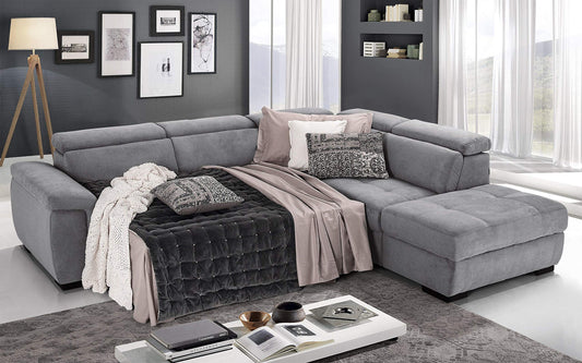 Dafne Italian Design Divano Letto angolare 3 posti con penisola a Destra. Tessuto Romeo Light Grey (cm. 282 x 242 x 96h)