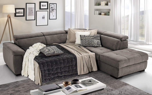 Dafne Italian Design Divano Letto angolare 3 posti con penisola a Destra. Tessuto Romeo Stone (cm. 282 x 242 x 96h)