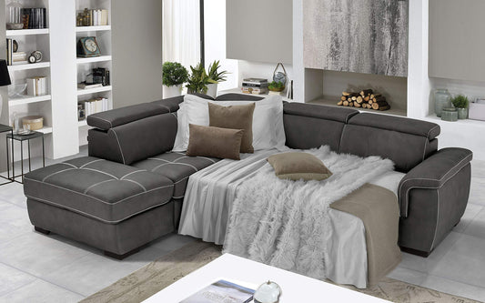 Dafne Italian Design Divano Letto angolare 3 posti con penisola a Sinistra. Similpelle Effetto Nabuk Nero (cm. 282 x 242 x 96h)
