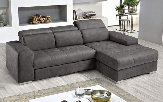 Dafne Italian Design Divano Letto angolare 3 posti con penisola a Destra. Similpelle Effetto Nabuk Granit Grey (cm. 259 x 178 x 94h)