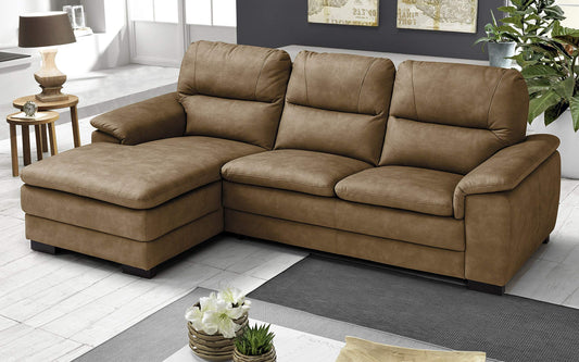 Dafne Italian Design Divano angolare 3 posti con penisola a Sinistra. Similpelle Effetto Nabuk Dark Camel (cm. 275 x 158 x 94h)