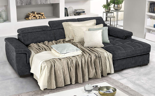 Dafne Italian Design Divano Letto angolare 3 posti con penisola a Destra. Similpelle Effetto Nabuk Grafite (cm. 287 x 176 x 96h)
