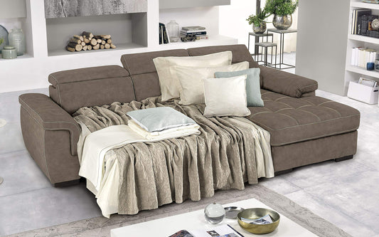 Dafne Italian Design Divano Letto angolare 3 posti con penisola a Destra. Similpelle Effetto Nabuk Elephant (cm. 287 x 176 x 96h)
