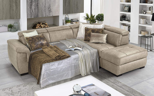 Dafne Italian Design Divano Letto angolare 3 posti con penisola a Destra. Tessuto Tay Tay Sand (cm. 282 x 242 x 96h)