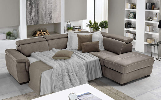 Dafne Italian Design Divano Letto angolare 3 posti con penisola a Destra. Similpelle Effetto Nabuk Talpa (cm. 282 x 242 x 96h)