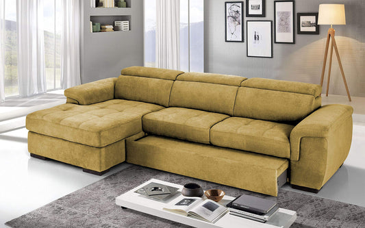 Dafne Italian Design Divano Letto angolare 3 posti con penisola a Sinistra. Tessuto Romeo Senape (cm. 287 x 176 x 96h)