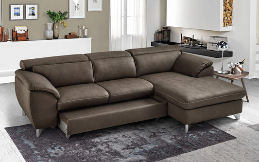 Dafnedesign.Com - Divano Letto angolare 3 posti Letto con penisola a Destra - Colore: Nabuk Elefante - Materiale: Pelle Sintetica - cm. 269 x 175 x 94h
