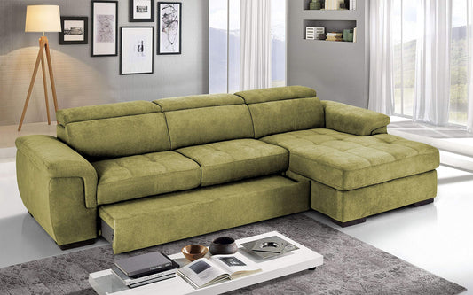 Dafne Italian Design Divano Letto angolare 3 posti con penisola a Destra. Tessuto Romeo Verde Acido (cm. 287 x 176 x 96h)