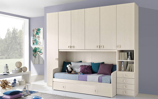 Dafne Italian Design Cameretta Completa a Ponte - Effetto Betulla (Doppio Letto Singolo e Armadio) (cm. 300 x 96 x 259h)