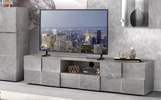 Dafne Italian Design Mobile da soggiorno moderno Dame colore grigio: base tv 187x43x42, pensile vetrina sospeso 78x31x113, mensola a muro 138x191x16, madia 2 ante 78x35x115