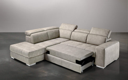 Dafne Italian Design Divano Letto angolare 3 posti con penisola a Sinistra. Similpelle Effetto Nabuk Light Grey (cm. 266 x 230 x 94h)