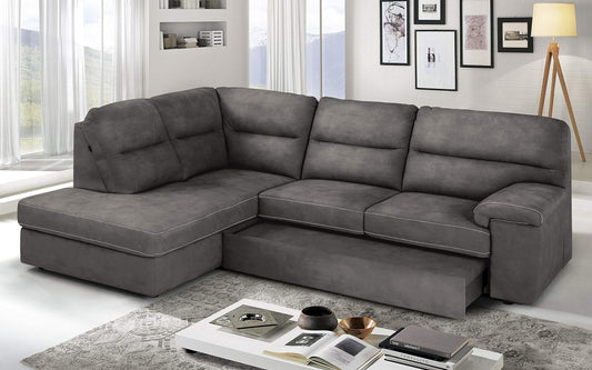 Dafne Italian Design Divano Letto angolare 3 posti con penisola a Sinistra. Similpelle Effetto Nabuk Granit Grey (cm. 252 x 196 x 96h)