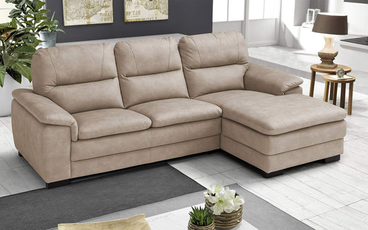 Dafne Italian Design Divano angolare 3 posti con penisola a Destra. Similpelle Effetto Nabuk Beige (cm. 275 x 158 x 94h)
