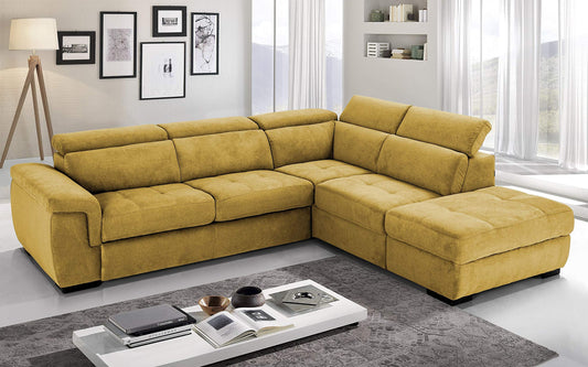 Dafne Italian Design Divano Letto angolare 3 posti con penisola a Destra. Tessuto Romeo Senape (cm. 282 x 242 x 96h)