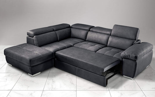 Dafne Italian Design Divano Letto angolare 3 posti con penisola a Sinistra. Similpelle Effetto Nabuk Grafite (cm. 285 x 245 x 97h)
