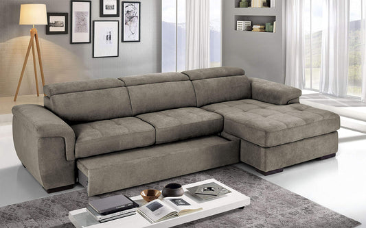 Dafne Italian Design Divano Letto angolare 3 posti con penisola a Destra. Tessuto Romeo camoscio (cm. 287 x 176 x 96h)