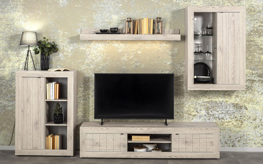 Dafne Italian Design Mobile da soggiorno moderno Urby colore rovere beige: base tv cm. 184x42x42; un pensile vetrina sospesa cm. 78x30x113; una mensola sospesa cm. 138x19x16; una madia cm. 78x35x114