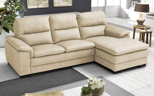 Dafne Italian Design Divano angolare 3 posti con penisola a Destra. Similpelle Effetto Nabuk Light Camel (cm. 275 x 158 x 94h)