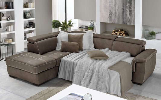 Dafne Italian Design Divano Letto angolare 3 posti con penisola a Sinistra. Similpelle Effetto Nabuk Elephant (cm. 282 x 242 x 96h)
