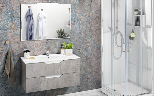 Dafne Italian Design Mobile da bagno componibile sospeso Joy colore bianco lucido e grigio cemento cm 101x47x195 (base, lavabo, specchio)