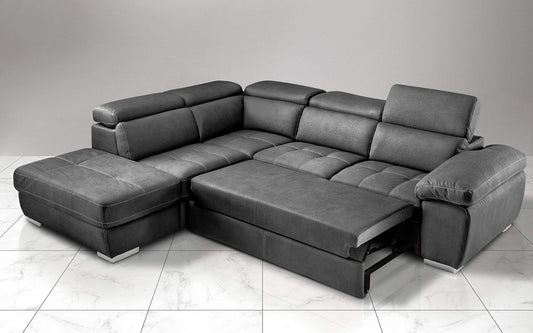 Dafne Italian Design Divano Letto angolare 3 posti con penisola a Sinistra. Similpelle Effetto Nabuk Cenere (cm. 285 x 245 x 97h)
