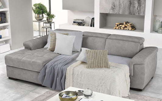 Dafne Italian Design Divano Letto angolare 3 posti con penisola a Sinistra. Similpelle Effetto Nabuk Ash (cm. 287 x 176 x 96h)