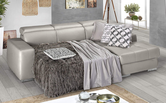 Dafne Italian Design Divano Letto angolare 3 posti con penisola a Destra. Similpelle Light Grey(cm. 259 x 178 x 94h)