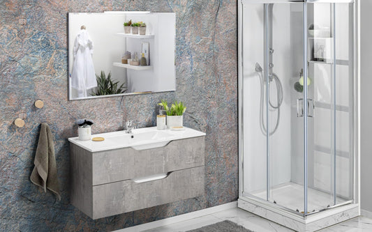 Dafne Italian Design Mobile da bagno componibile sospeso Joy colore bianco lucido e grigio cemento cm 101x47x195 (base, lavabo, specchio)