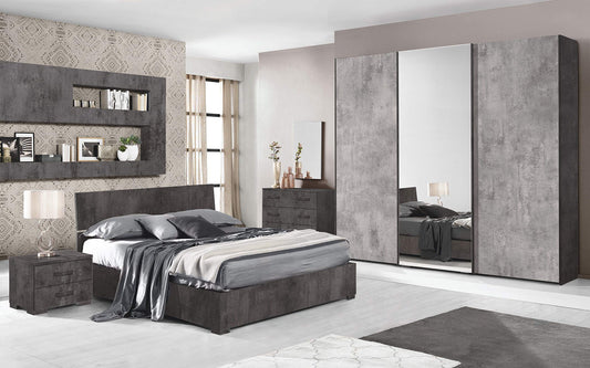 Dafne Italian Design Camera Completa - Ossido, Cemento (Letto Matrimoniale, Armadio, Comodino, Specchiera, Comò)
