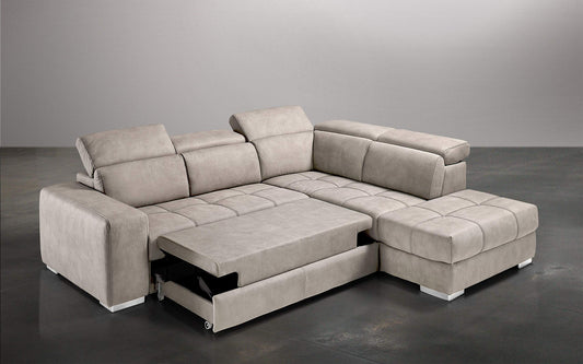 Dafne Italian Design Divano Letto angolare 3 posti con penisola a Destra. Similpelle Effetto Nabuk Beige (cm. 266 x 230 x 94h)