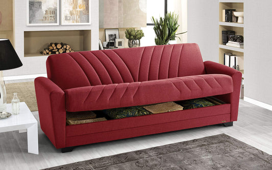 Divano 3 posti in tessuto lavabile rosso - 220 x 88 x 83h cm., vano contenitore, trasformabile in letto una piazza e mezza