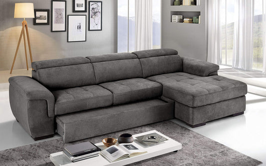 Dafne Italian Design Divano Letto angolare 3 posti con penisola a Destra. Tessuto Romeo Grigio Londra (cm. 287 x 176 x 96h)