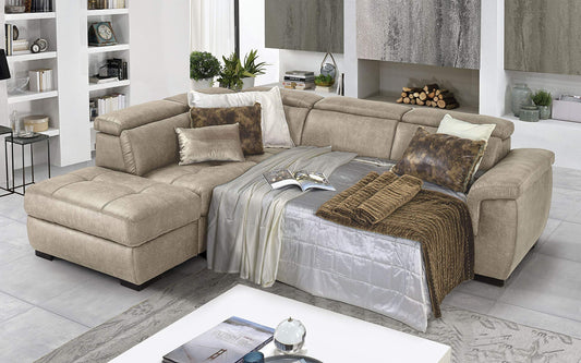 Dafne Italian Design Divano Letto angolare 3 posti con penisola a Sinistra. Tessuto Tay Tay Sand (cm. 282 x 242 x 96h)