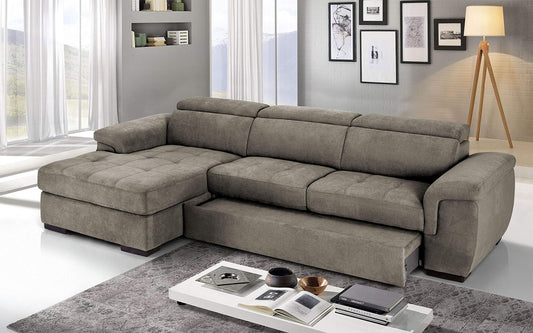 Dafne Italian Design Divano Letto angolare 3 posti con penisola a Sinistra. Tessuto Romeo camoscio (cm. 287 x 176 x 96h)
