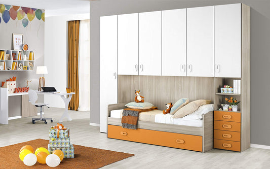 Dafne Italian Design Cameretta Completa a Ponte - Effetto Olmo Perla, Bianco, Arancio (Letto Singolo e Armadio) (cm. 295 x 93 x 245h)
