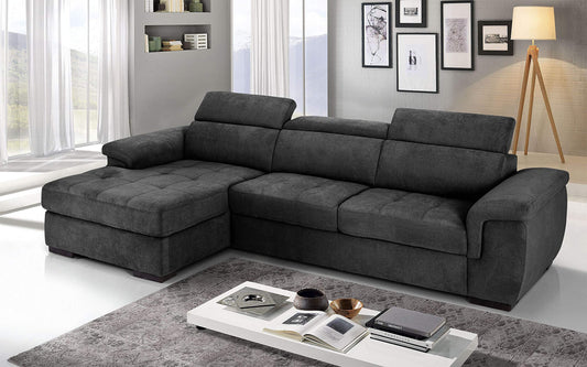 Dafne Italian Design Divano Letto angolare 3 posti con penisola a Sinistra. Tessuto Romeo Nero (cm. 287 x 176 x 96h)