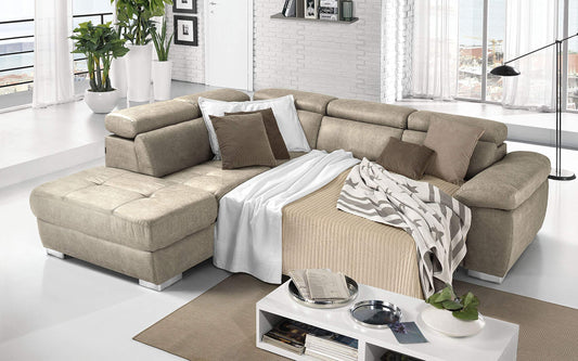 Dafne Italian Design Divano Letto angolare 3 posti con penisola a Sinistra. Tessuto Tay Tay Sand (cm. 285 x 245 x 97h)