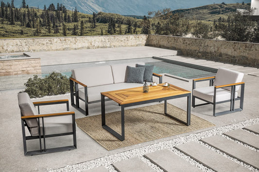 Dafne Italian Design Salotto da giardino per uso professionale, in alluminio antracite, cuscini lavabili grigio chiaro compresi. n.1 divano 3 posti, n.2 poltrone, n.1 tavolino.